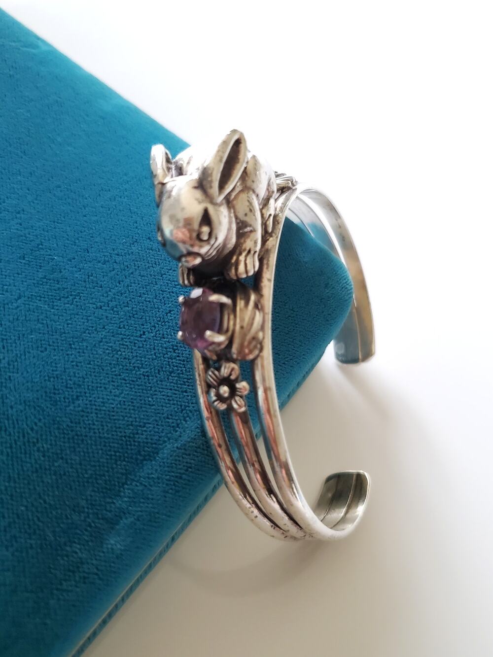 Vintage Sterling Silver Bunny Rabbit Amethyst Cuff Bracelet